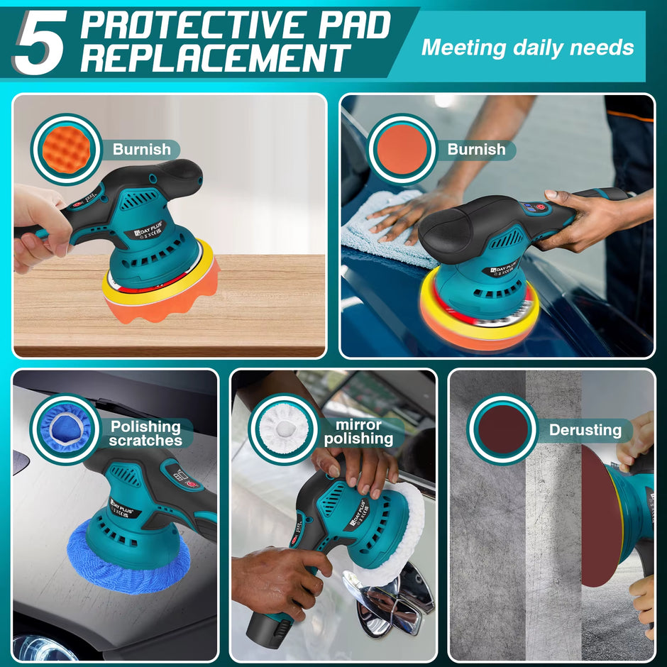 Cordless Car Polisher Buffer Machine, with 2X 2.0Ah Batteries 8 Variable Speed, 125Mm Base for Car Detailing